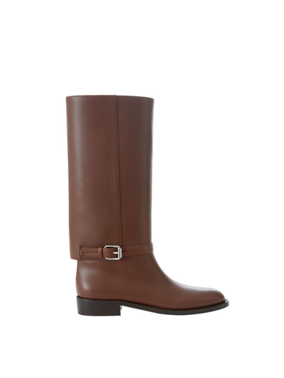 Shop Burberry Buckle Embellished Leather Tobacco Boots In Brown