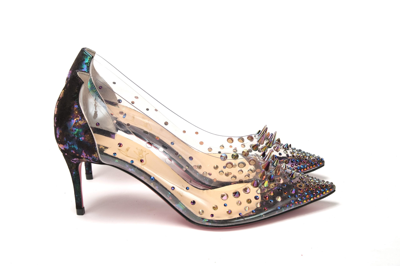 Shop Christian Louboutin Black Pearlescent Heel Pvc Spikes Sandal