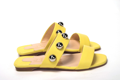 Shop Christian Louboutin Bright Yellow Silver Wide Strap Studded Flat