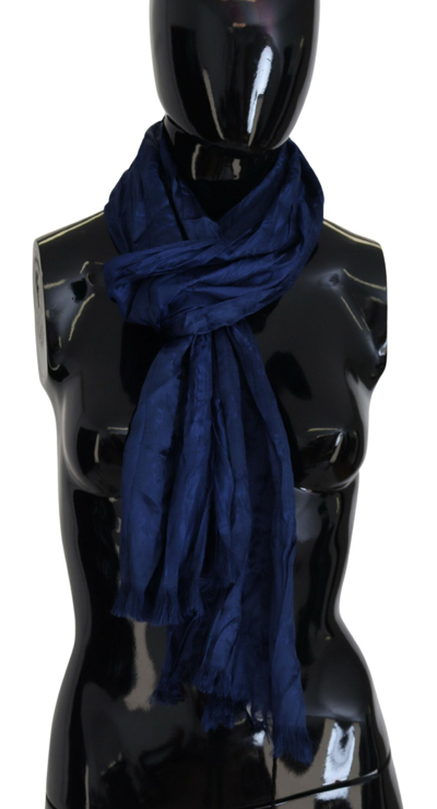 Costume National Blue Silk Shawl Foulard Fringes Scarf In Blue