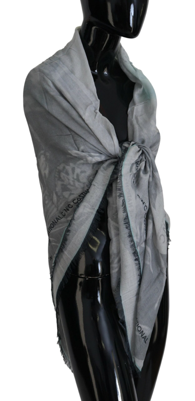 Costume National Gray Print Shawl Foulard Fringes Scarf In Gray
