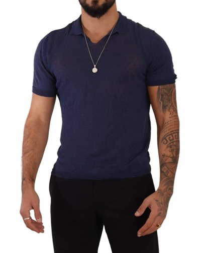 Shop Daniele Alessandrini Navy Blue Linen Collared T-shirt