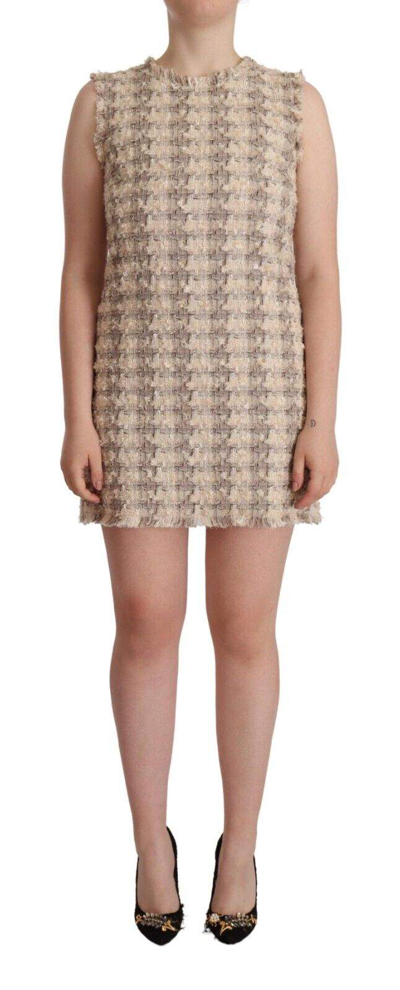 Shop Dolce & Gabbana Beige Checkered Sleeveless Mini Shift Dress