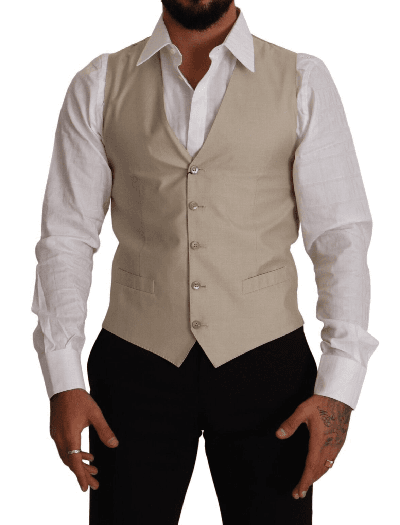 Shop Dolce & Gabbana Beige Cotton Silk Slim Fit Waistcoat Vest