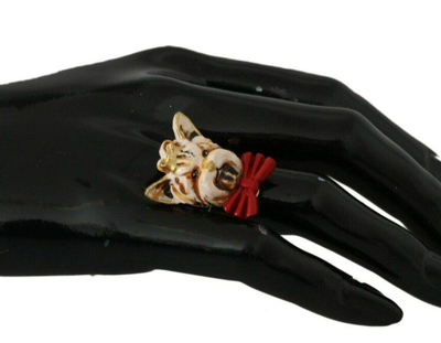Dolce & Gabbana Gold Brass Resin Beige Dog Pet Branded Accessory Ring In Beige