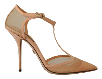 Shop Dolce & Gabbana Beige Mesh T-strap Stiletto Heels Pumps Shoes