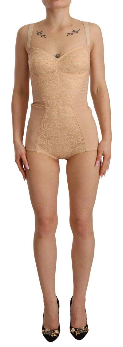 Shop Dolce & Gabbana Beige Nylon Floral Lace Bodysuit Underwear