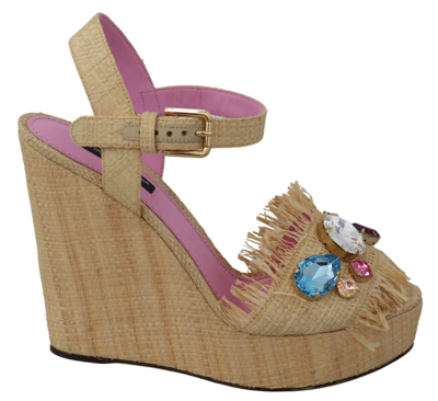 Shop Dolce & Gabbana Beige Rhinestones Wedge Heel Sandals Shoes
