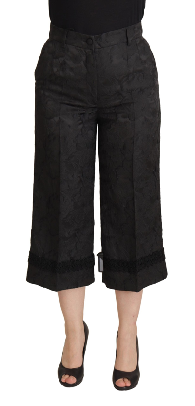 Shop Dolce & Gabbana Black Brocade Cropped High Waist Pants