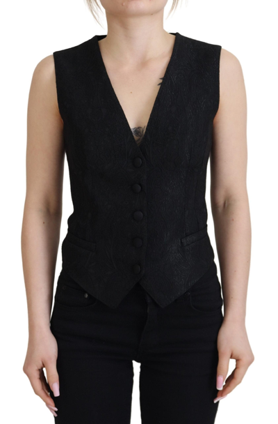 Shop Dolce & Gabbana Black Brocade Button Down Sleeveless Vest Top