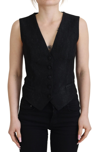 Dolce & Gabbana Black Brocade Button Down Sleeveless Vest Top In Black