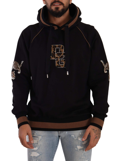Shop Dolce & Gabbana Black Brown Leopard Cotton Hooded Pullover Sweater In Black And Brown