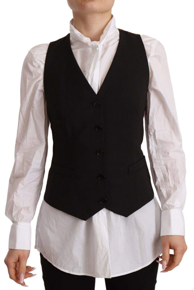 Shop Dolce & Gabbana Black Button Down Sleeveless Vest Polyester Top