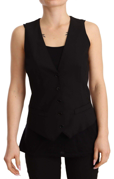 Shop Dolce & Gabbana Black Button Down Sleeveless Vest Wool Top