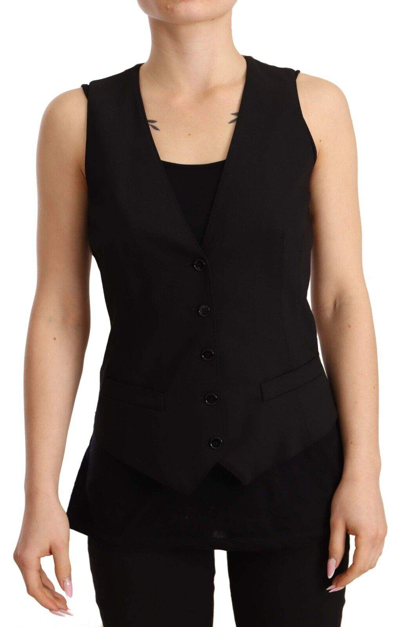 Dolce & Gabbana Black Button Down Sleeveless Vest Wool Top In Black