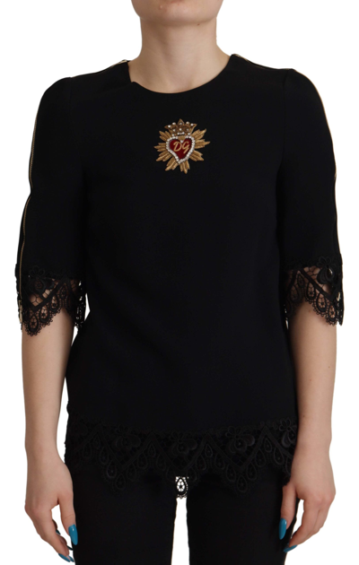 Shop Dolce & Gabbana Black Cady Lace Trim Bead Embellished Logo Blouse