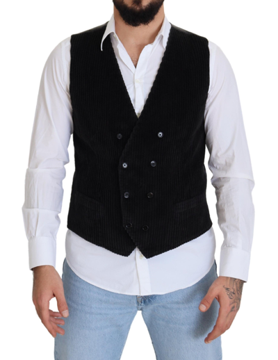 Shop Dolce & Gabbana Black Cotton Double Breasted Waistcoat Vest