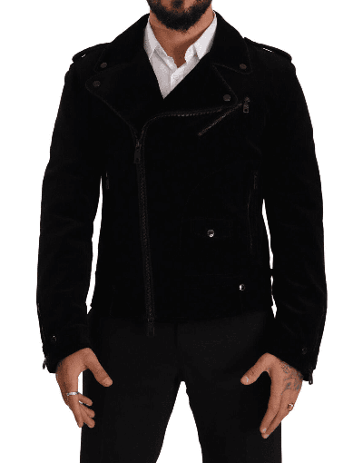 Shop Dolce & Gabbana Black Cotton Full Zip Biker Coat Jacket