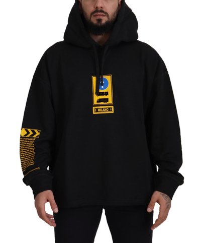 Dolce & Gabbana Black Cotton Hooded Dg Shield Pullover Sweater In Black
