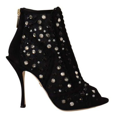 Shop Dolce & Gabbana Black Crystals Heels Zipper Short Boots