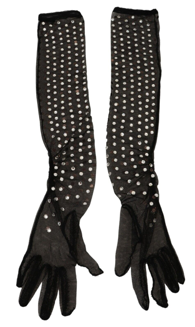 Shop Dolce & Gabbana Black Crystal Elbow Length Cotton Tulle Gloves