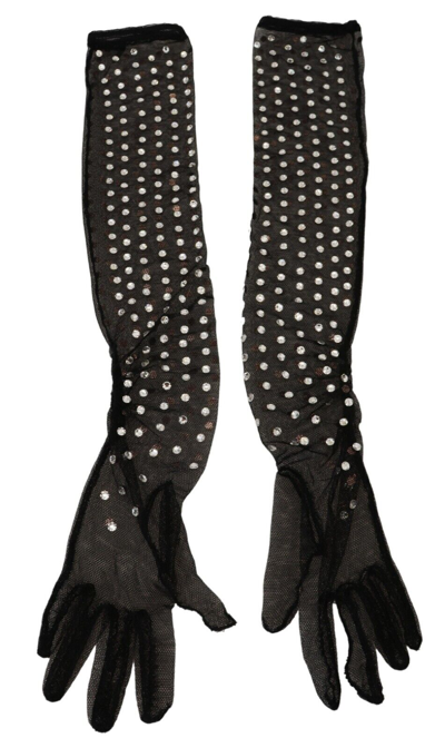 Dolce & Gabbana Black Crystal Elbow Length Cotton Tulle Gloves In Black