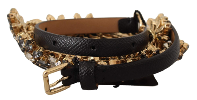 Dolce & Gabbana Black Daisy Crystal Dauphine Texture Belt In Black