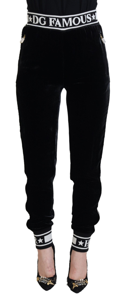 Dolce & Gabbana Black Dg Logo Velvet Trouser Pants In Black