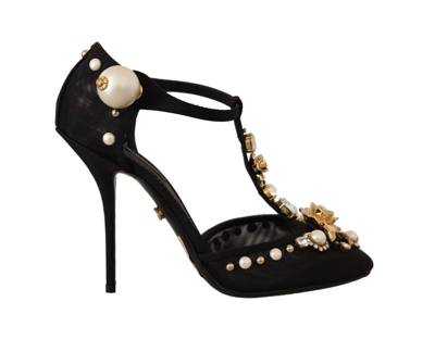 Shop Dolce & Gabbana Black Faux Pearl Crystal Vally Heels Sandals
