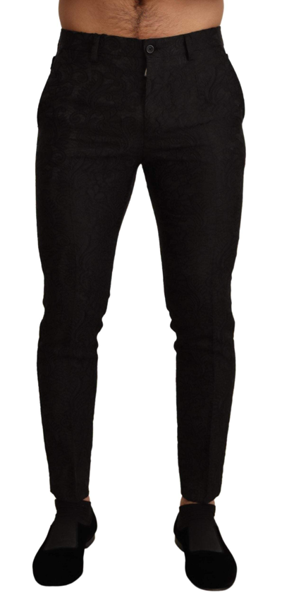 Shop Dolce & Gabbana Black Floral Brocade Slim Trouser Pants