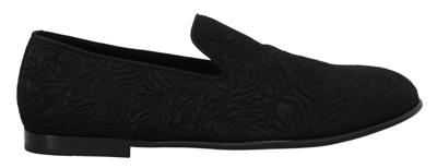 Dolce & Gabbana Black Floral Jacquard Slippers Loafers Shoes In Black