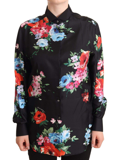 Shop Dolce & Gabbana Black Floral Print Collared Polo Blouse Top