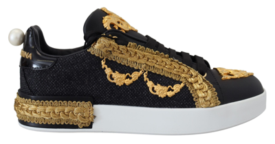 Shop Dolce & Gabbana Black Gold Baroque Portofino Leather Sneakers Shoes