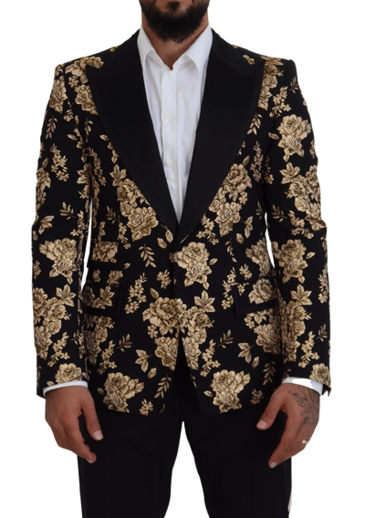 Shop Dolce & Gabbana Black Gold Floral Embroidered Jacket Blazer