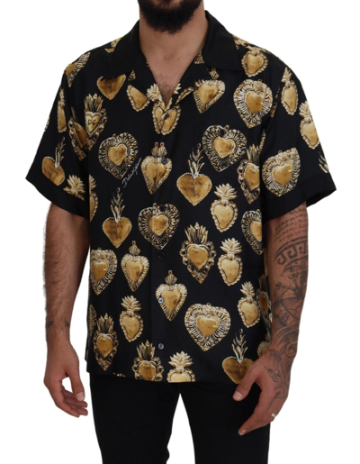 Shop Dolce & Gabbana Black Gold Heart Short Sleeve Silk Satin Shirt