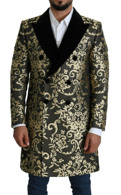 Shop Dolce & Gabbana Black Gold Jacquard Long Coat Sicilia Jacket In Gold Black