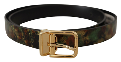 Shop Dolce & Gabbana Black Green Leather Bronze Metal Buckle Belt