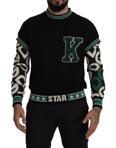 Shop Dolce & Gabbana Black Green Cotton King Star Crewneck Pullover Sweater