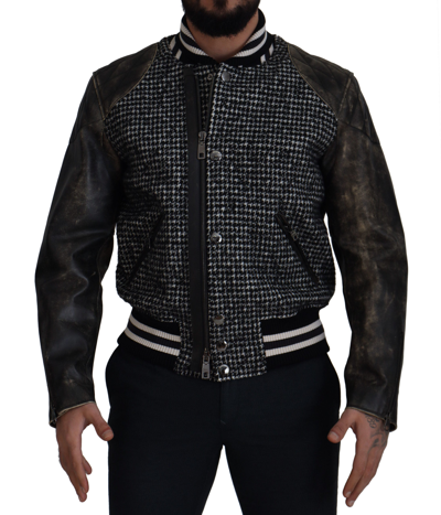 Shop Dolce & Gabbana Black Houndstooth Polyester Bomber Jacket