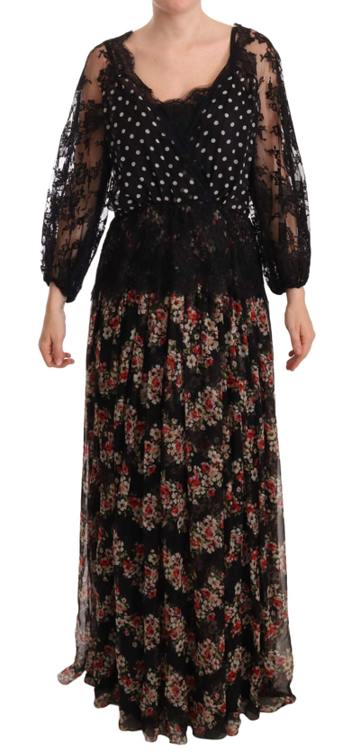 Dolce & Gabbana Black Lace Floral Polka Maxi Capri Dress In Black