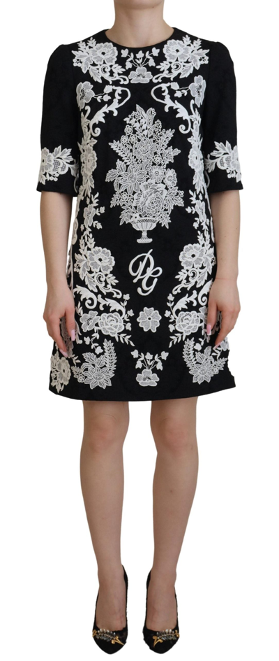 Shop Dolce & Gabbana Black Lace Trim Half Sleeves A-line Dress