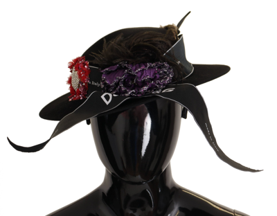 Shop Dolce & Gabbana Black Lapil Crystal Heart Feather Brooch Fedora Hat