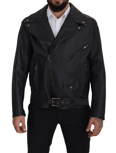 Shop Dolce & Gabbana Black Leather Biker Coat Zipper Jacket