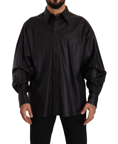 Shop Dolce & Gabbana Black Leather Button Down  Collared Jacket