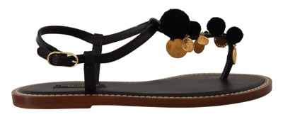 Shop Dolce & Gabbana Black Leather Coins Flip Flops Sandals In Gold Black