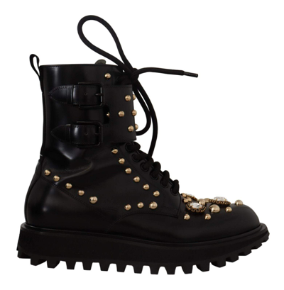 Shop Dolce & Gabbana Black Leather Crystal Embellished Boots Shoes