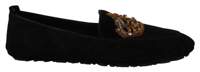 Shop Dolce & Gabbana Black Leather Crystal Gold Crown Loafers Shoes