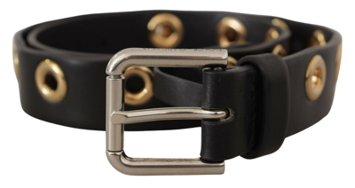 Dolce & Gabbana Black Leather Eyelet Silver Tone Metal Buckle Belt In Black