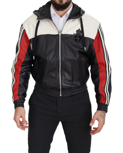 Shop Dolce & Gabbana Black Leather Hooded Blouson Coat Jacket