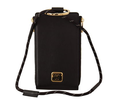 Dolce & Gabbana Black Leather Logo Plaque Neck Strap Card Coin Wallet In Black